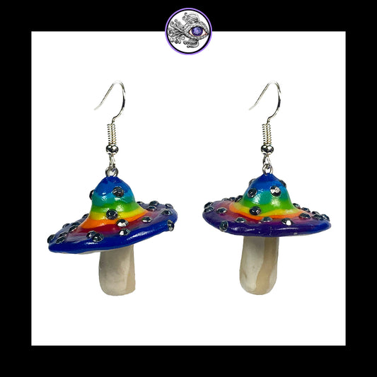 Mushrooms - Rainbow Sparkle Amanita - Handmade Clay Dangle Earrings