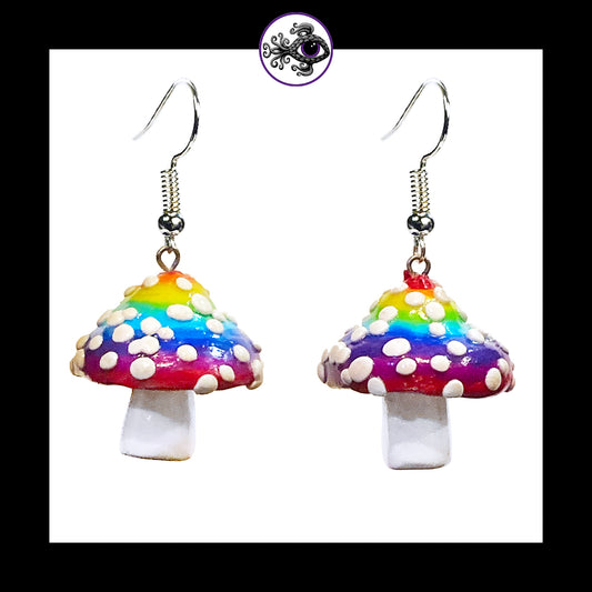Mushrooms - Rainbow Amanita - Handmade Clay Dangle Earrings *Custom Order Only*