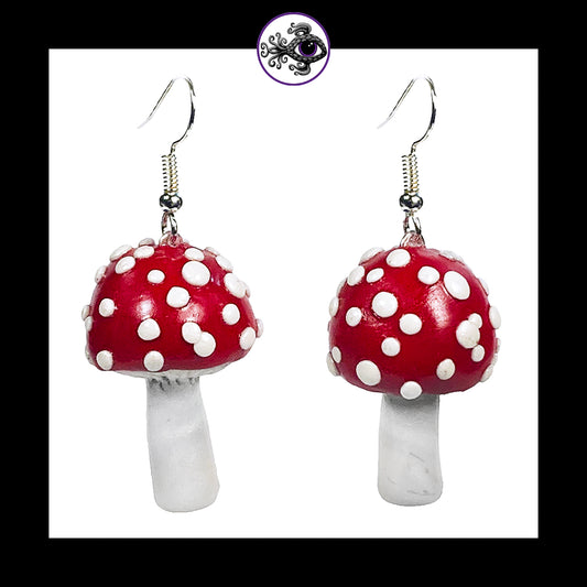 Mushrooms - Red Amanita - Handmade Clay Dangle Earrings *Custom Order Only*