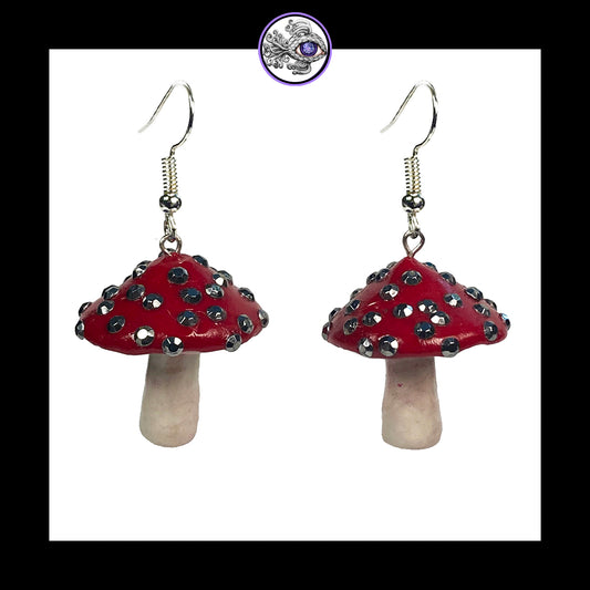 Mushrooms - Red Sparkle Amanita - Handmade Clay Dangle Earrings