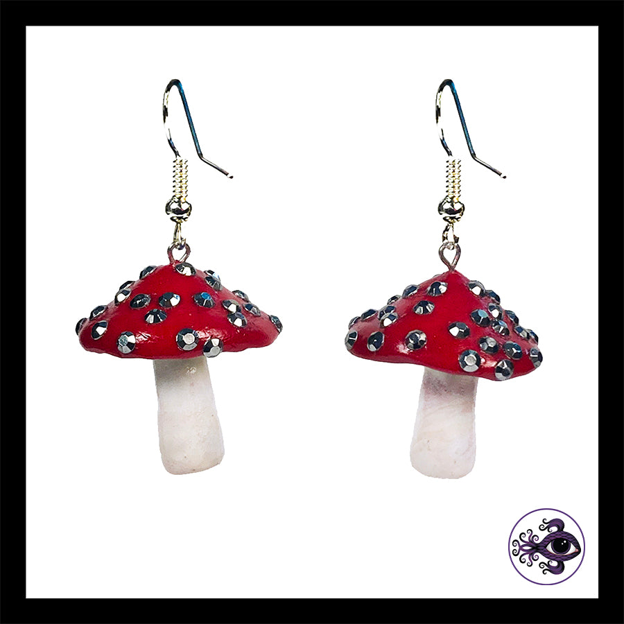 Mushrooms - Red Sparkle Amanita - Handmade Clay Dangle Earrings