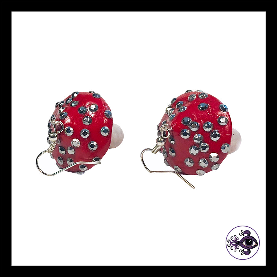 Mushrooms - Red Sparkle Amanita - Handmade Clay Dangle Earrings