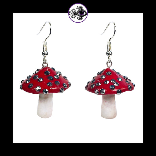 Mushrooms - Red Sparkle Amanita - Handmade Clay Dangle Earrings
