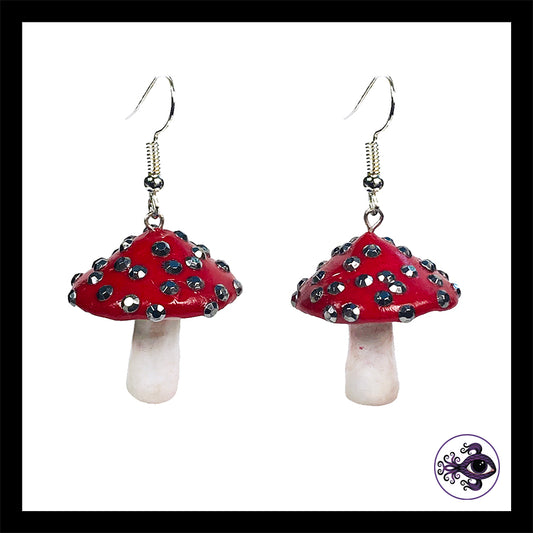 Mushrooms - Red Sparkle Amanita - Handmade Clay Dangle Earrings