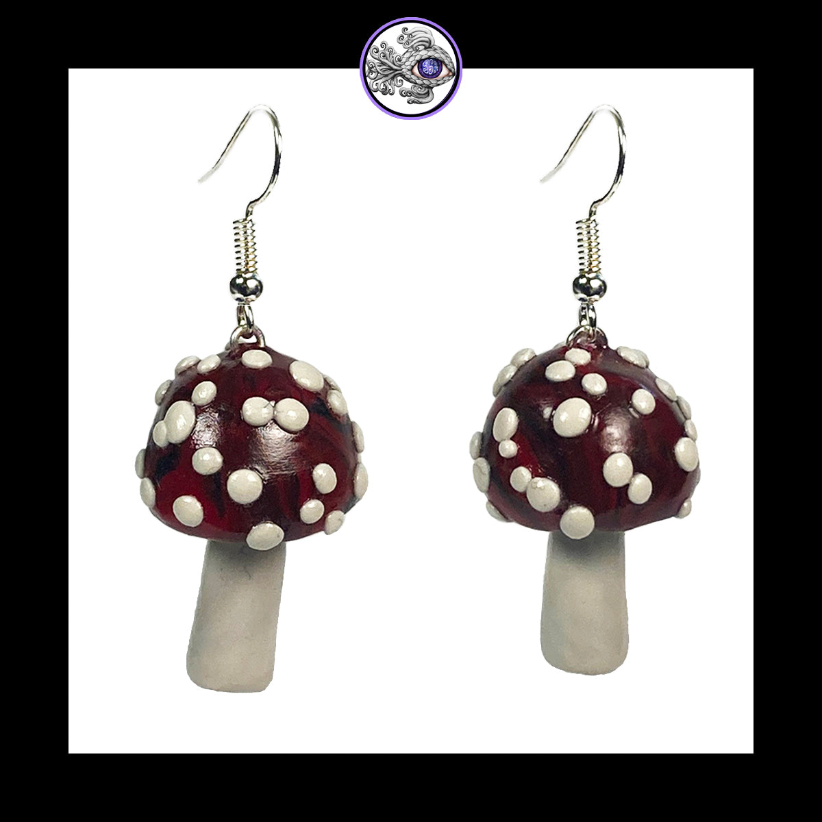 Mushrooms - Red & Black Amanita - Handmade Clay Dangle Earrings