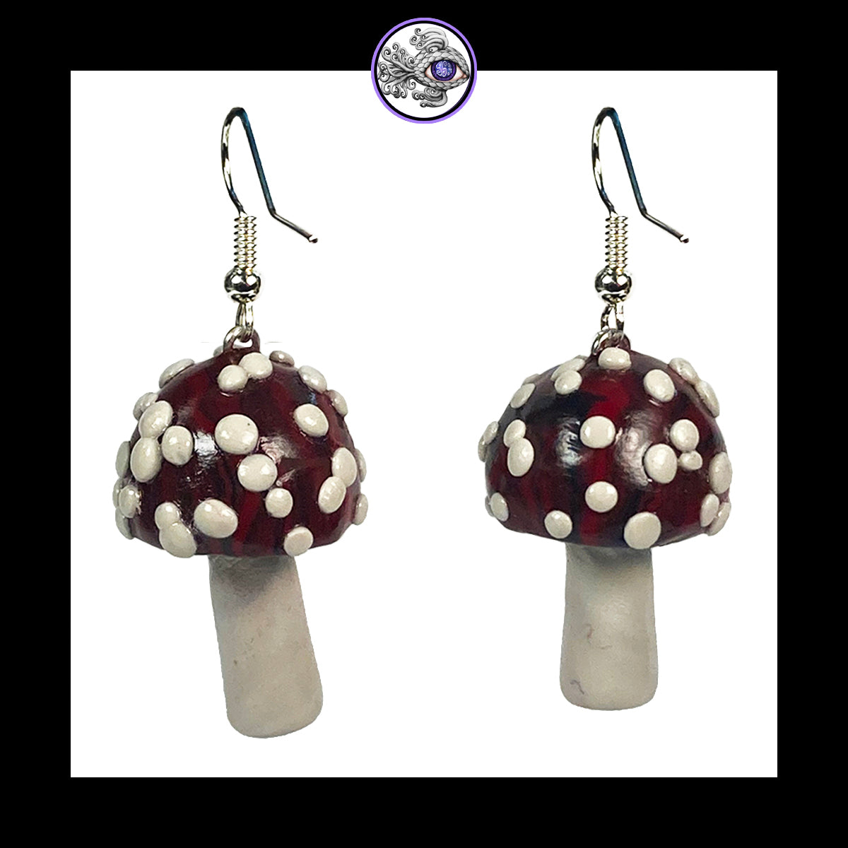 Mushrooms - Red & Black Amanita - Handmade Clay Dangle Earrings