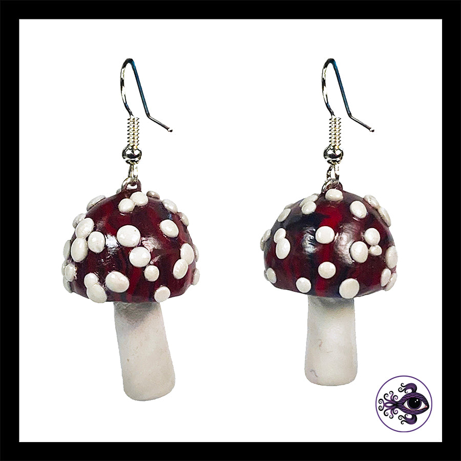 Mushrooms - Red & Black Amanita - Handmade Clay Dangle Earrings