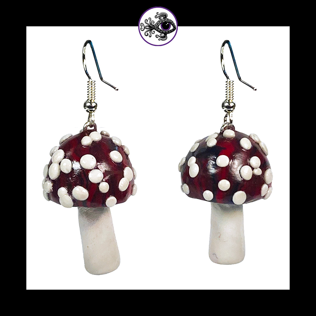 Mushrooms - Red & Black Amanita - Handmade Clay Dangle Earrings