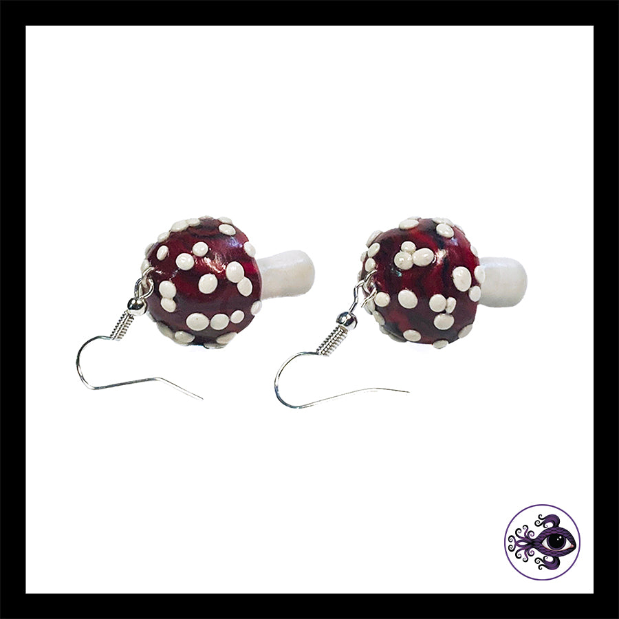 Mushrooms - Red & Black Amanita - Handmade Clay Dangle Earrings