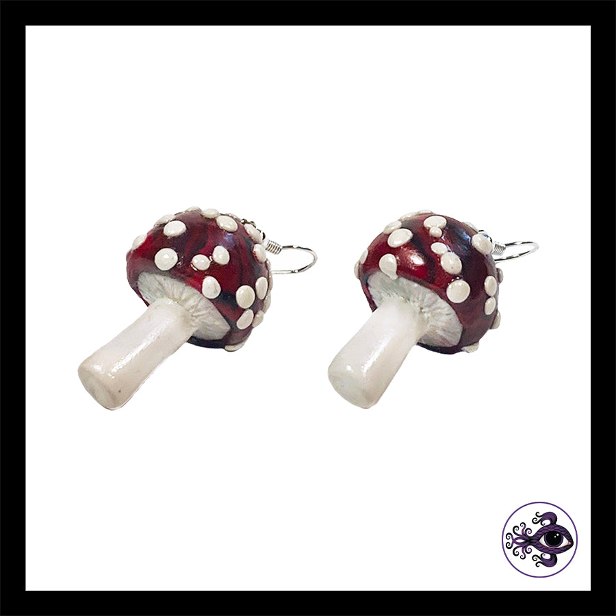 Mushrooms - Red & Black Amanita - Handmade Clay Dangle Earrings