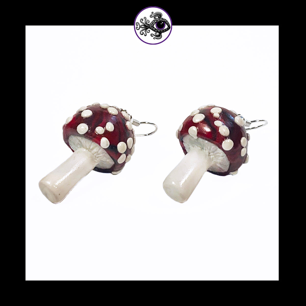 Mushrooms - Red & Black Amanita - Handmade Clay Dangle Earrings