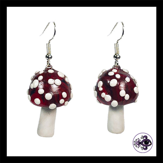 Mushrooms - Red & Black Amanita - Handmade Clay Dangle Earrings