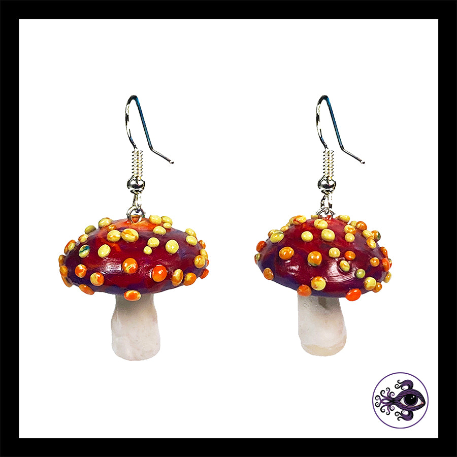 Mushrooms - Red & Yellow Amanita - Handmade Clay Dangle Earrings *Custom Order Only*