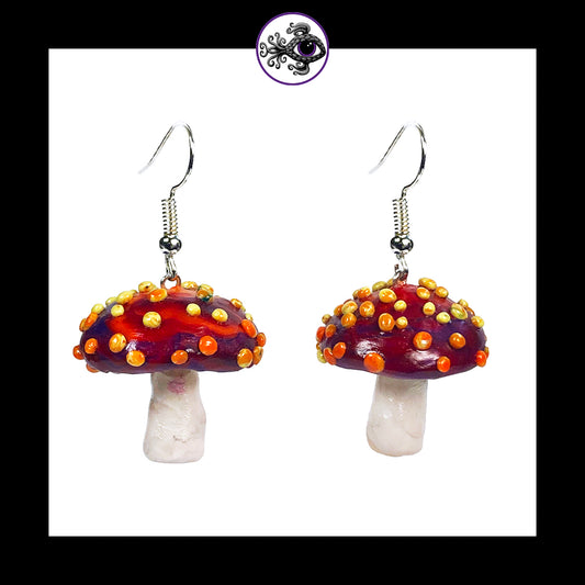 Mushrooms - Red & Yellow Amanita - Handmade Clay Dangle Earrings *Custom Order Only*