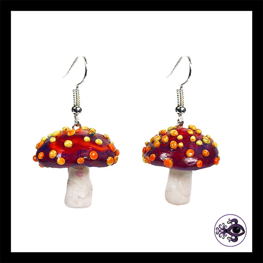 Mushrooms - Red & Yellow Amanita - Handmade Clay Dangle Earrings *Custom Order Only*