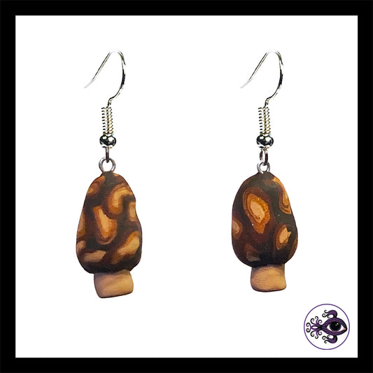 Mushrooms - Mini Morels - Handmade Clay Dangle Earrings