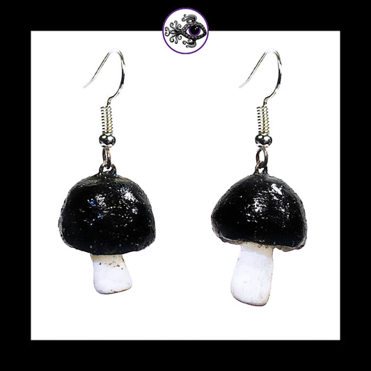 Mushrooms - Black Shimmer - Handmade Clay Dangle Earrings