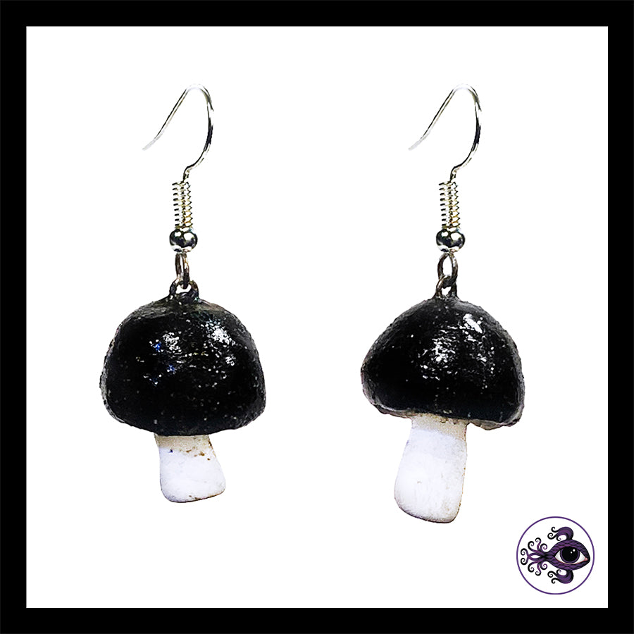 Mushrooms - Black Shimmer - Handmade Clay Dangle Earrings