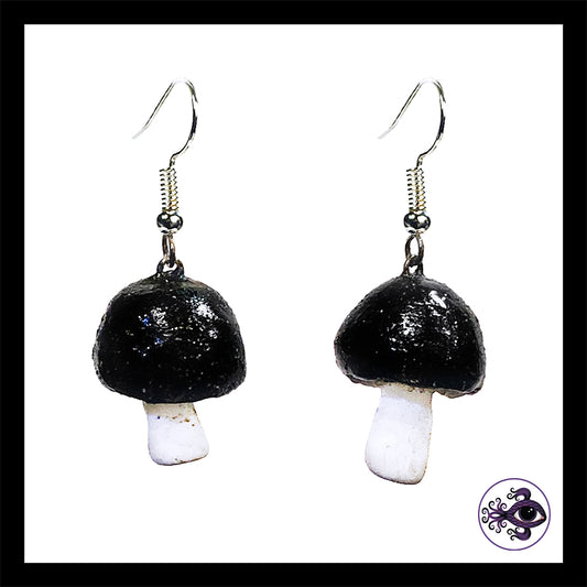 Mushrooms - Black Shimmer - Handmade Clay Dangle Earrings