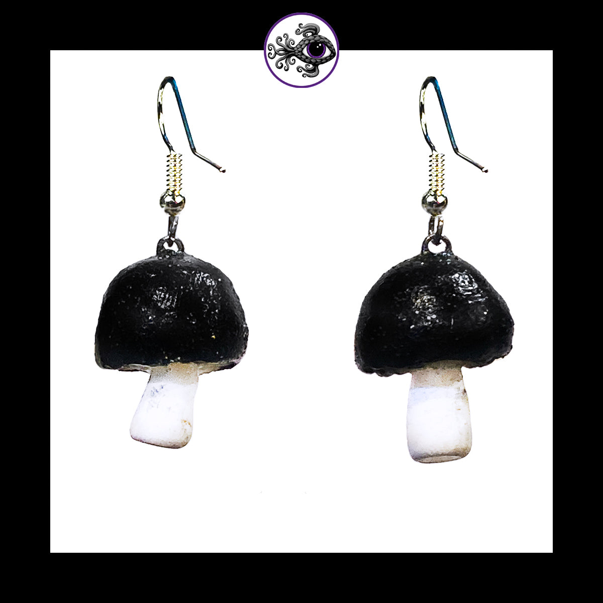 Mushrooms - Black Shimmer - Handmade Clay Dangle Earrings