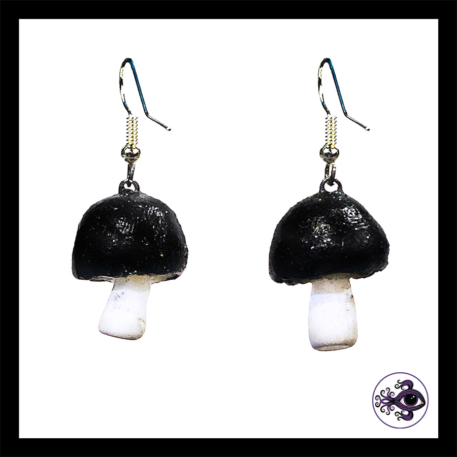 Mushrooms - Black Shimmer - Handmade Clay Dangle Earrings