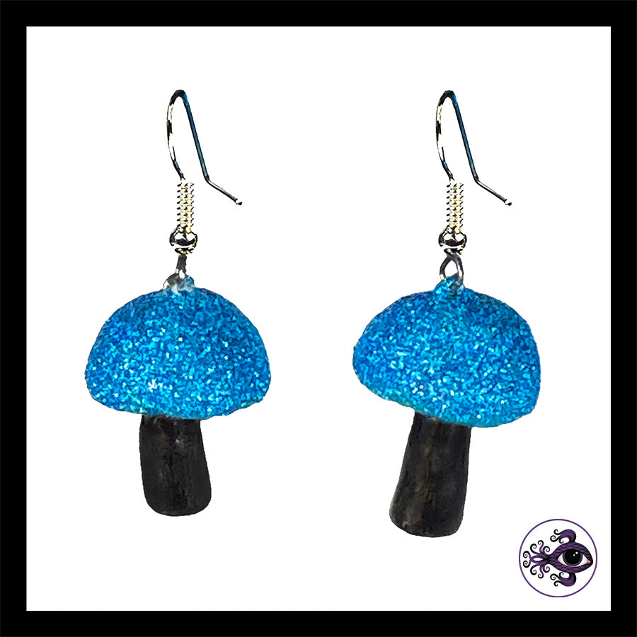 Mushrooms - Blue & Black Shimmer - Handmade Clay Dangle Earrings