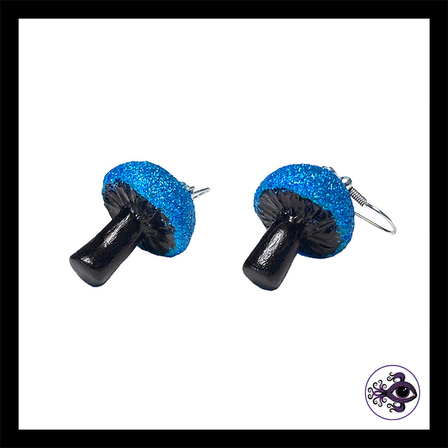 Mushrooms - Blue & Black Shimmer - Handmade Clay Dangle Earrings