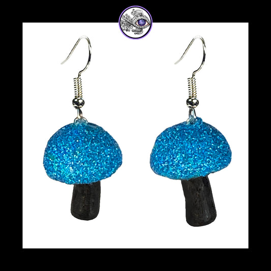 Mushrooms - Blue & Black Shimmer - Handmade Clay Dangle Earrings