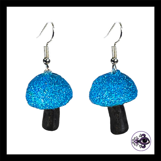 Mushrooms - Blue & Black Shimmer - Handmade Clay Dangle Earrings