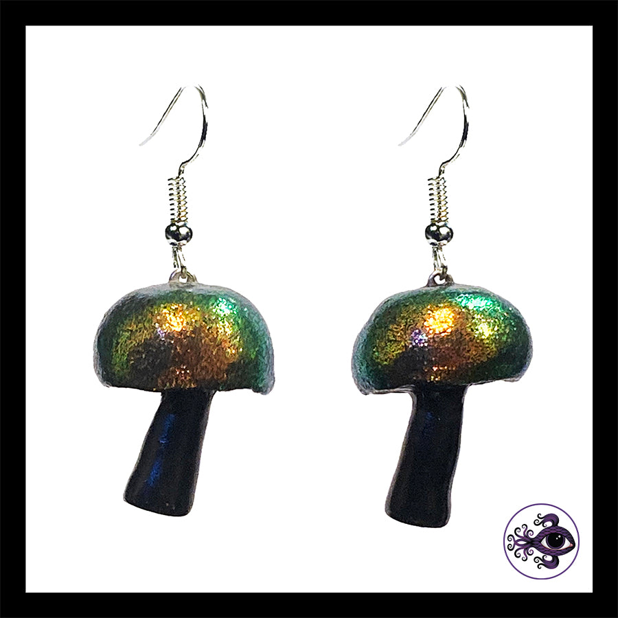 Mushrooms - Iridescent Black Shimmer - Handmade Clay Dangle Earrings *Custom Order Only*