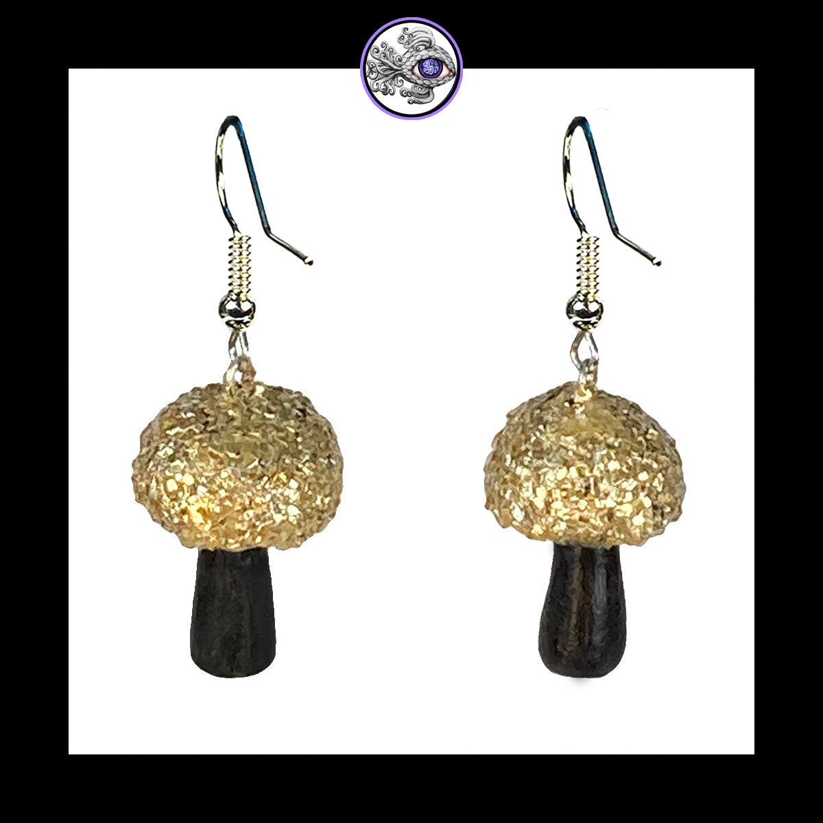 Mushrooms - Gold & Black Shimmer - Handmade Clay Dangle Earrings