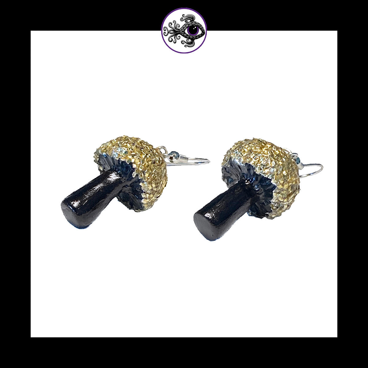 Mushrooms - Gold & Black Shimmer - Handmade Clay Dangle Earrings  *Custom Order Only*
