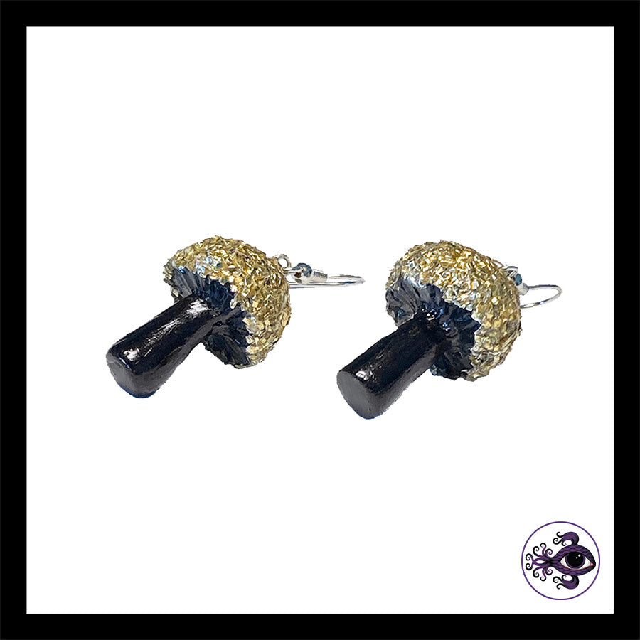 Mushrooms - Gold & Black Shimmer - Handmade Clay Dangle Earrings  *Custom Order Only*