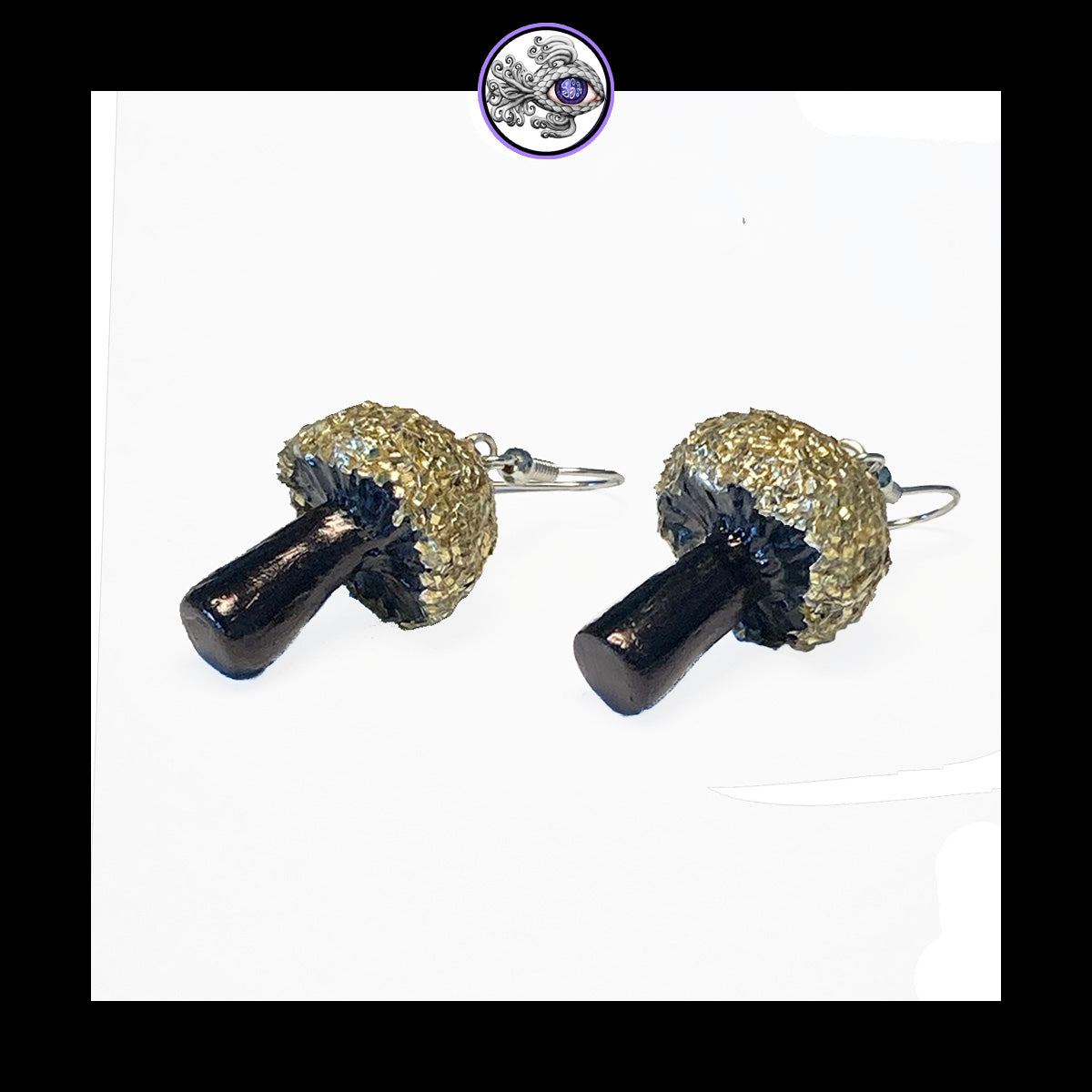 Mushrooms - Gold & Black Shimmer - Handmade Clay Dangle Earrings