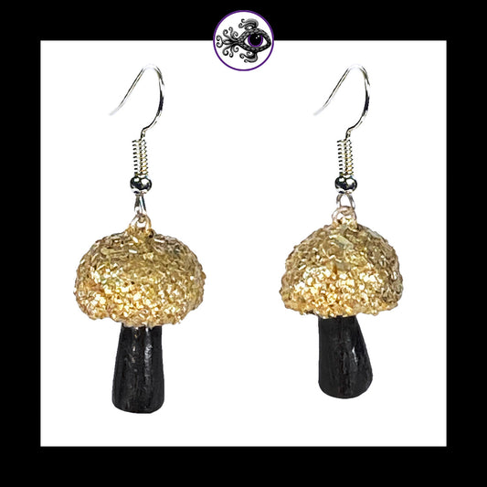 Mushrooms - Gold & Black Shimmer - Handmade Clay Dangle Earrings  *Custom Order Only*