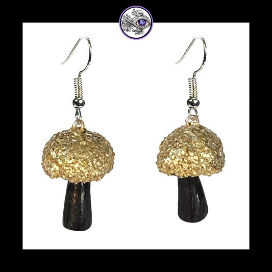 Mushrooms - Gold & Black Shimmer - Handmade Clay Dangle Earrings