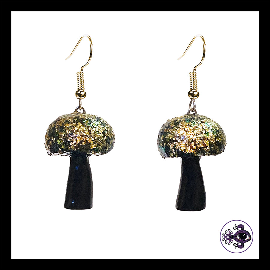 Mushrooms - Gold & Black Shimmer - Handmade Clay Dangle Earrings  *Custom Order Only*