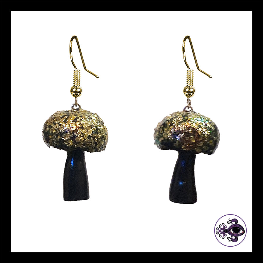 Mushrooms - Gold & Black Shimmer - Handmade Clay Dangle Earrings  *Custom Order Only*