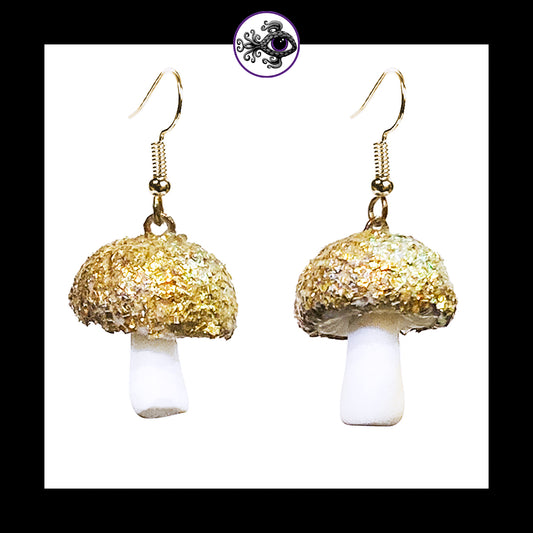 Mushrooms - Gold & White Shimmer - Handmade Clay Dangle Earrings