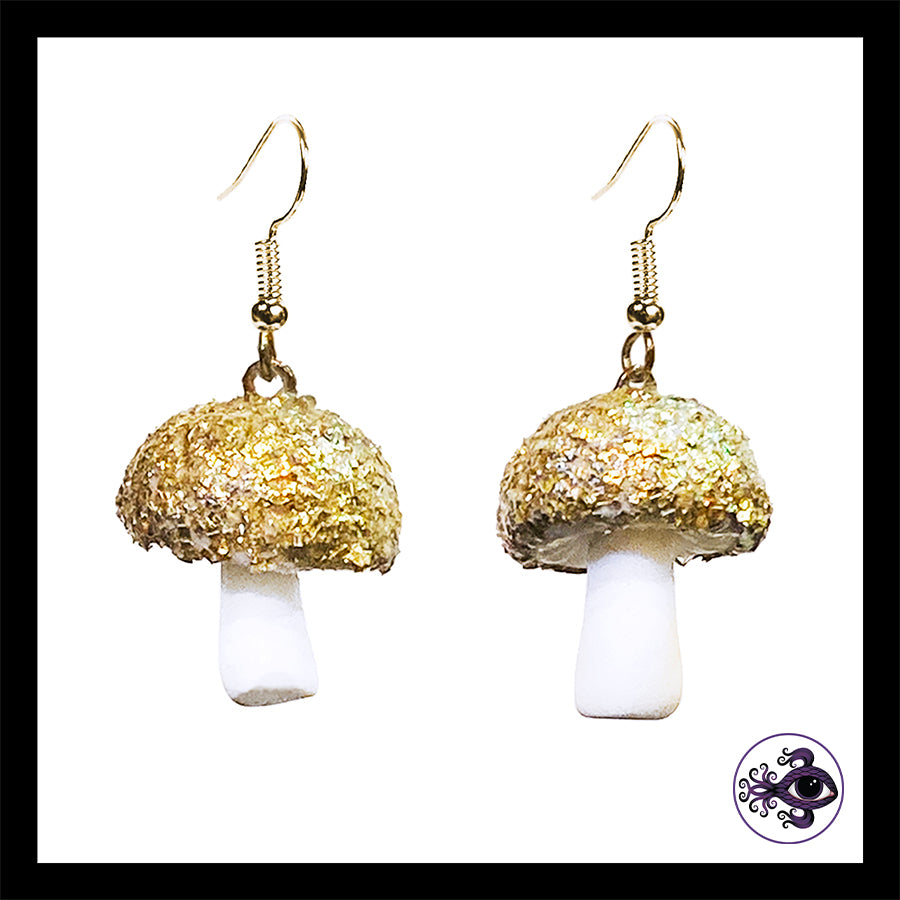 Mushrooms - Gold & White Shimmer - Handmade Clay Dangle Earrings