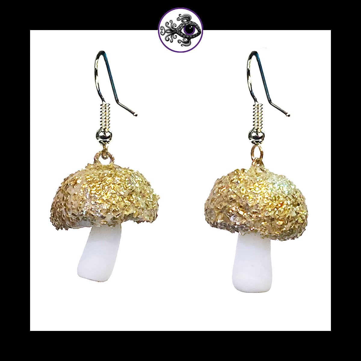 Mushrooms - Gold & White Shimmer - Handmade Clay Dangle Earrings