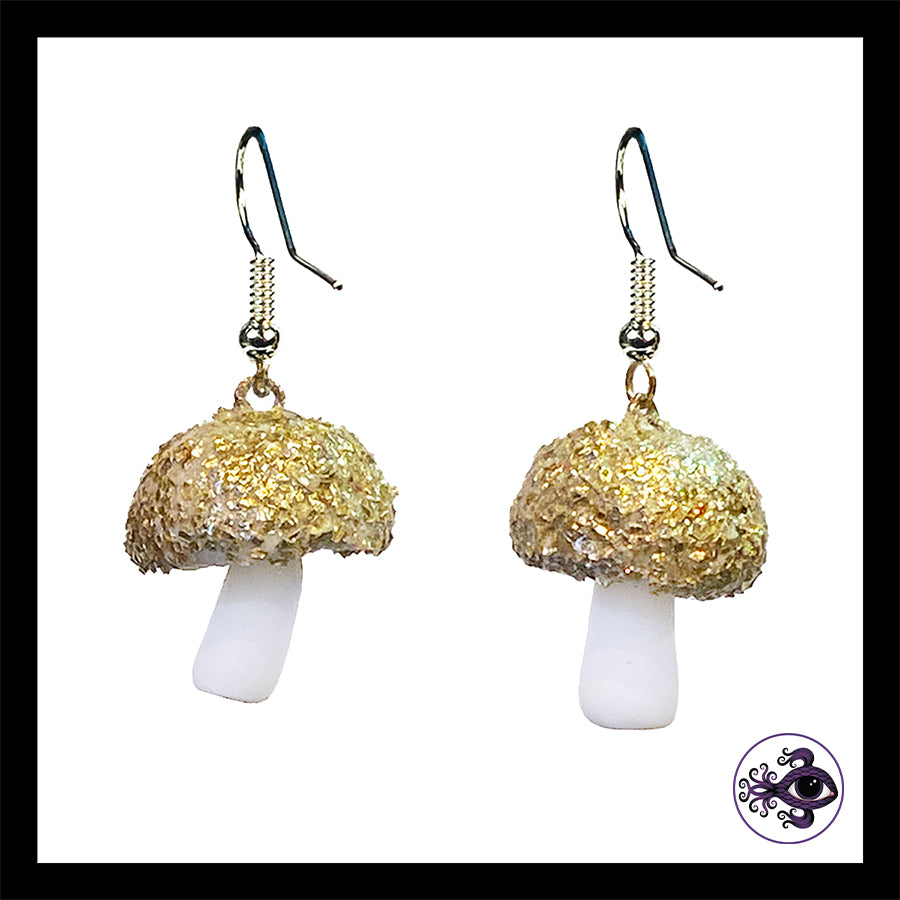 Mushrooms - Gold & White Shimmer - Handmade Clay Dangle Earrings