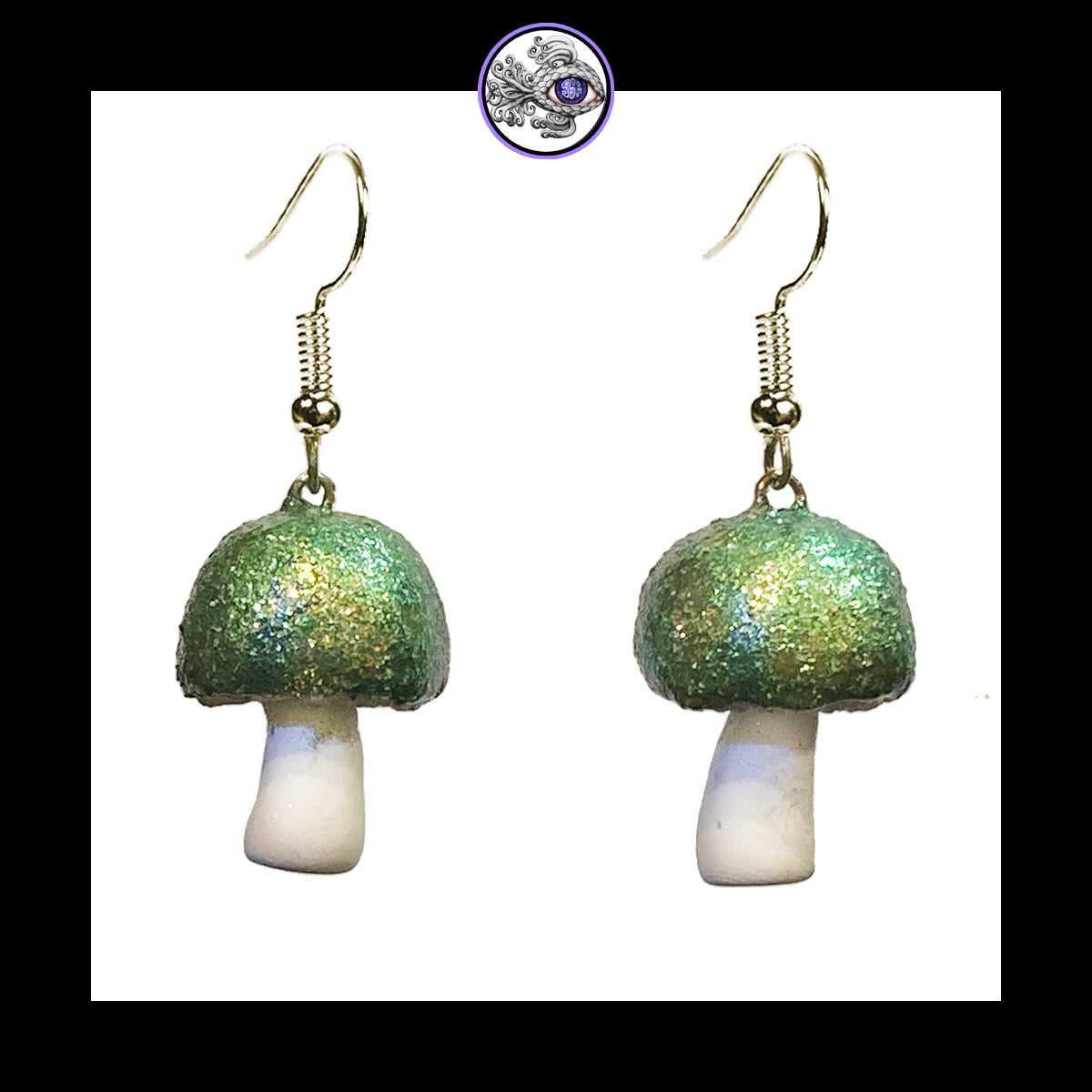 Mushrooms - Green Shimmer - Handmade Clay Dangle Earrings