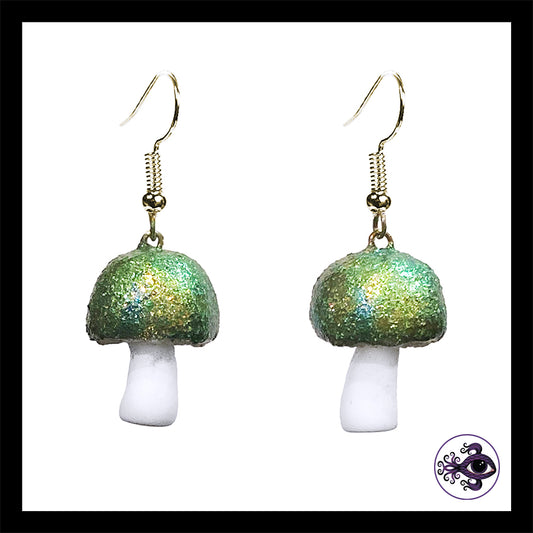 Mushrooms - Green Shimmer - Handmade Clay Dangle Earrings