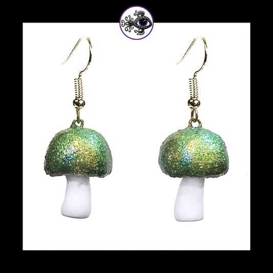 Mushrooms - Green Shimmer - Handmade Clay Dangle Earrings