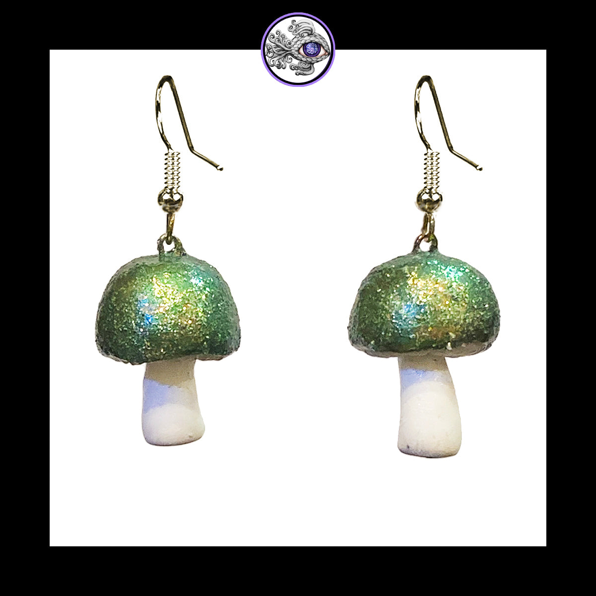 Mushrooms - Green Shimmer - Handmade Clay Dangle Earrings