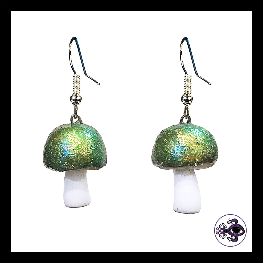 Mushrooms - Green Shimmer - Handmade Clay Dangle Earrings