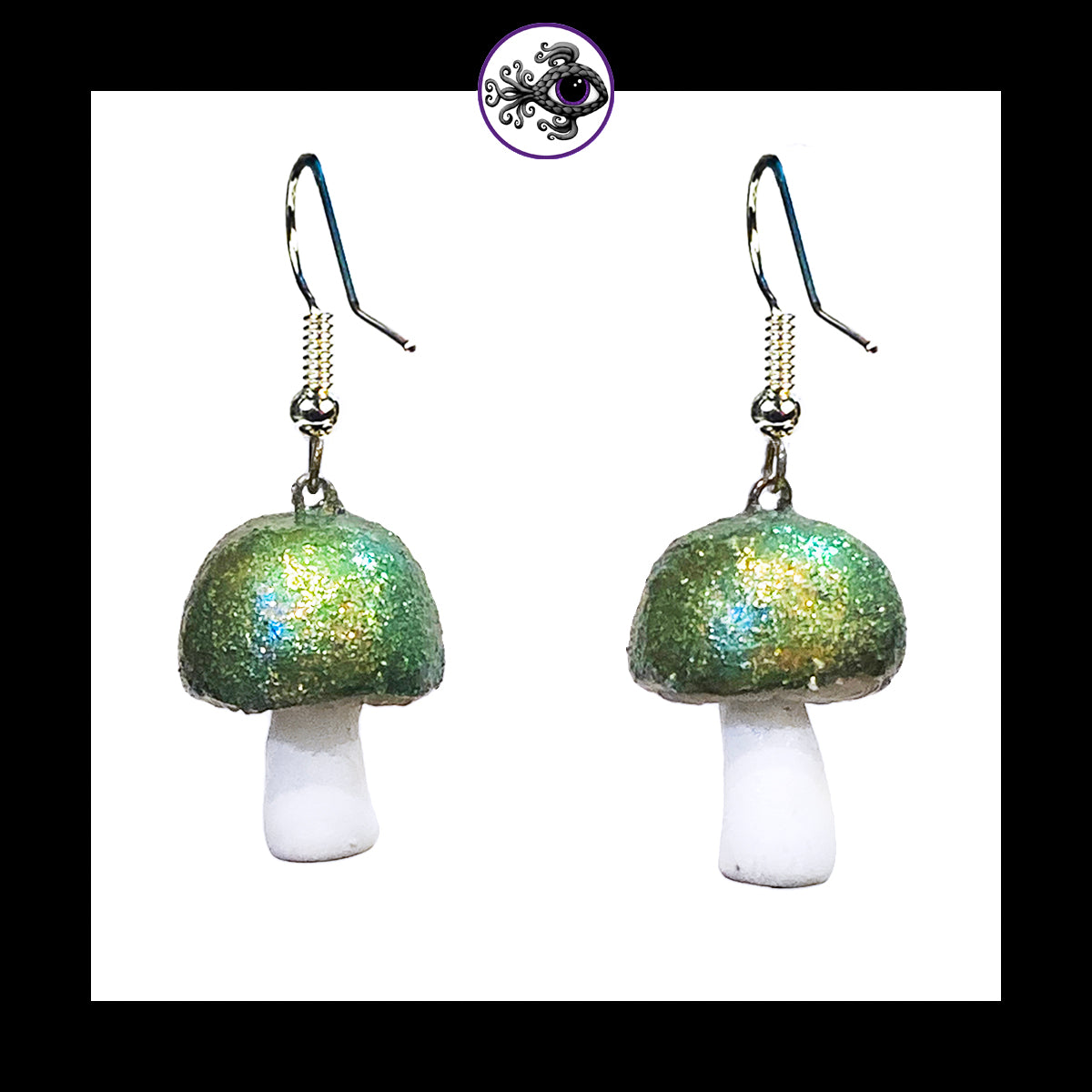 Mushrooms - Green Shimmer - Handmade Clay Dangle Earrings