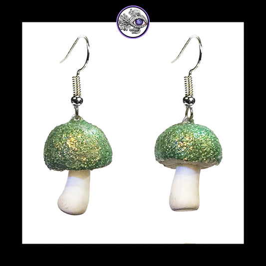 Mushrooms - Green Shimmer - Handmade Clay Dangle Earrings