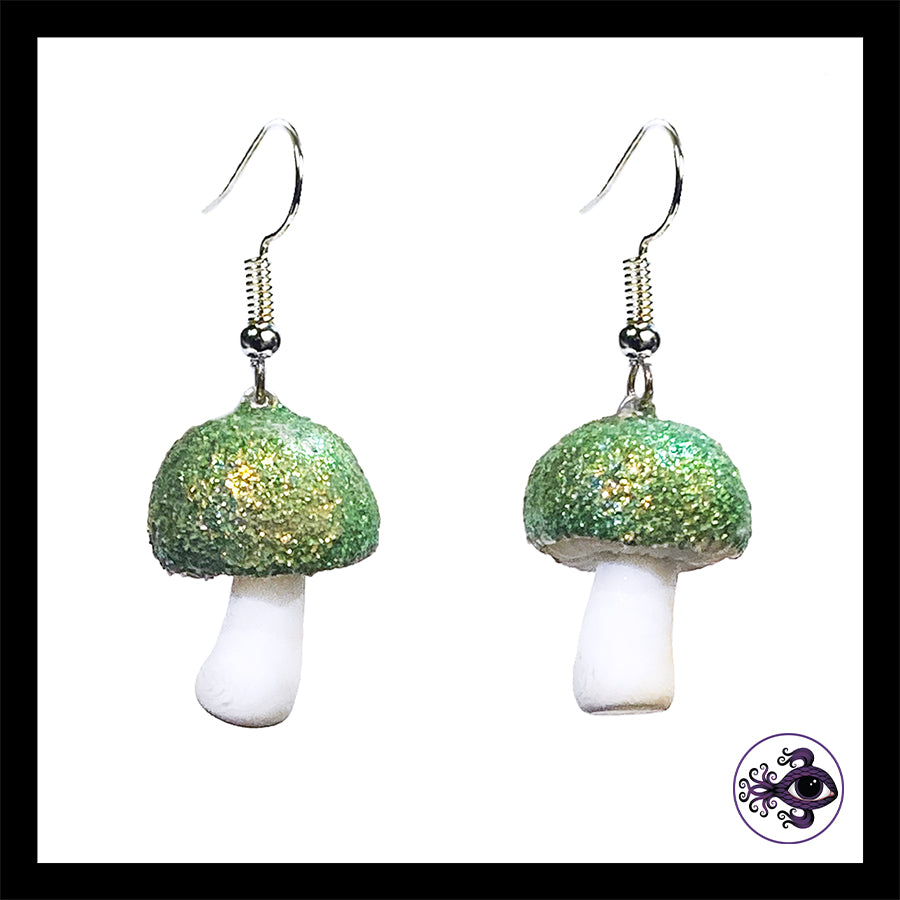 Mushrooms - Green Shimmer - Handmade Clay Dangle Earrings